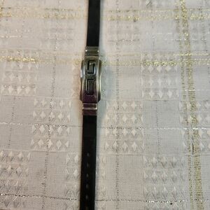 Silver-Tone Black Leather Bracelet with Geometric Clasp